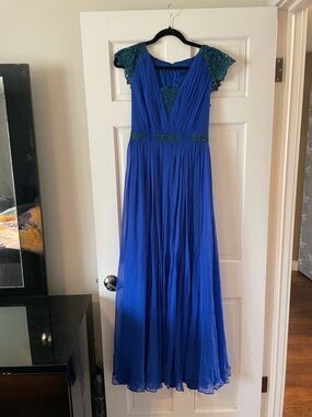 Badgley Mischka Royal Blue w/ Green Lace Cap Sleeve Maxi Gown - Sweet Prom dress